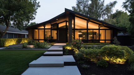 A modern home with a lit entrance path, surrounded by lush greenery, showcasing contemporary architecture at dusk.