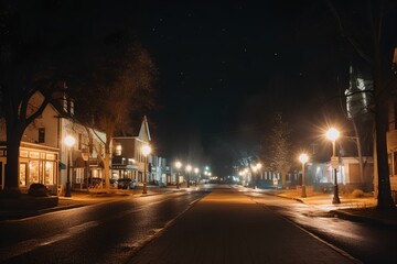 City street at night with lanterns and buildings in the foreground.