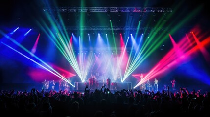 Vibrant red and blue lights illuminate an energetic concert scene, with a lively crowd and performers on stage.
