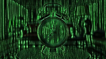An alarm clock in dark green matrix space.