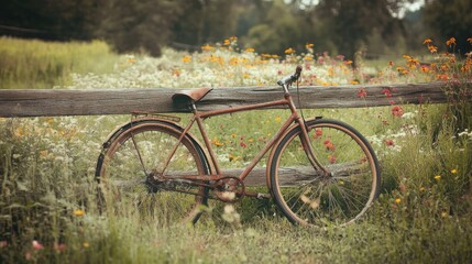Fototapeta premium A vintage bicycle leaning against a wooden fence, with a field of wildflowers stretching out behind it, evoking a sense of nostalgia and freedom.