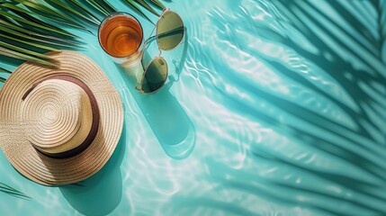 A flat lay composition featuring sunglasses, an empty straw hat, and a cocktail glass against a turquoise color background with palm leaf. top view.