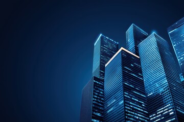 Modern skyscrapers illuminated at night against a dark blue sky, showcasing urban architecture.