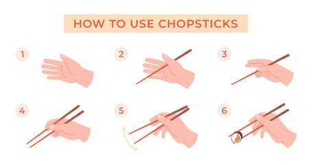 How to use chopsticks. Asian utensils using instruction. Chinese korean japanese vietnamese chopstick eating style, fingers positions racy vector poster