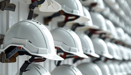 Rows of White Construction Helmets Symbolizing Safety and Teamwork in Construction Context