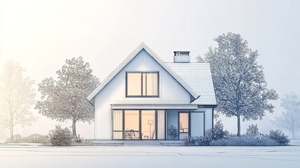 minimalist white house with a triangular roof and large windows, surrounded by a serene, foggy landscape with bare trees in the background.