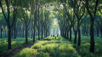 Fototapeta premium A wide view of workers harvesting rubber latex from the trees, the plantation filled with evenly spaced trees and soft light filtering through