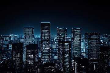 Silhouette of modern skyscrapers against a night sky, illuminated by city lights, creating a vibrant urban landscape.
