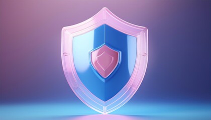 A transparent, stylized shield symbolizing protection, displayed with a soft glow against a gradient background.