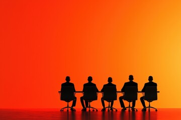 Fototapeta premium Silhouettes of business people sitting at a conference table against a colorful gradient background.