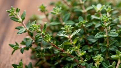 Obraz premium Fresh thyme sprigs with small green leaves closeup