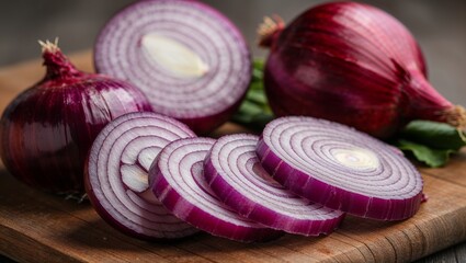 Freshly cut red onions with purple rings closeup