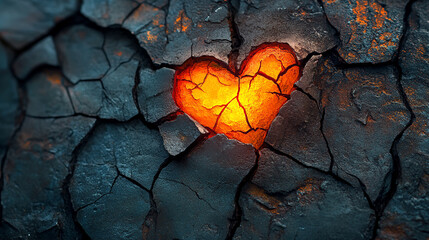 cracked stone heart with glowing inner fire symbolizes resilience, inner strength, and emotional turmoil. The break reflects vulnerability, while the flame within signifies passion and hope
