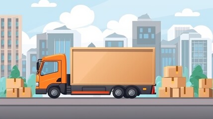 Naklejka premium A large modern delivery truck is parked in an urban setting, surrounded by several packed cardboard boxes.