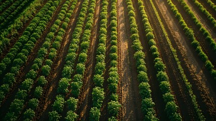 Fototapeta premium Organic farming field with rows of crops being tended to by farmers using sustainable methods