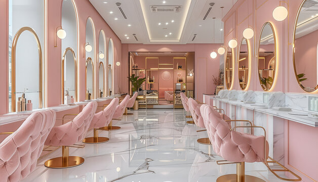 A beautiful layout of multi color pink salon with marble floors that had gold and white trims include tufted salon booth chairs with styling stations and a receptionist desk.