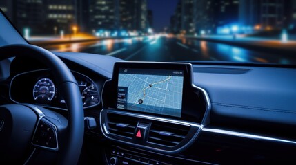 Driving through a city at night, with glowing bokeh lights creating a vibrant and dynamic atmosphere seen through the car's windshield and navigation system.
