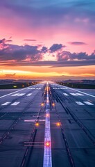 Stunning airport runway bathed in sunset glow, perfectly set for aircraft arrivals and departures