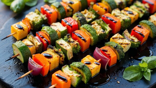 Grilled veggie skewers with balsamic glaze closeup - Powered by Adobe