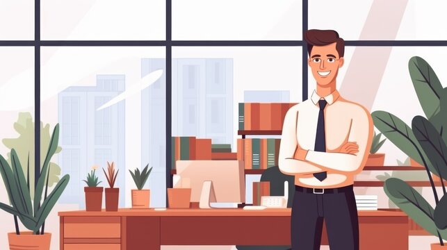 An animated businessman stands confidently with arms crossed in a well-organized office, showcasing a professional and motivating workspace.