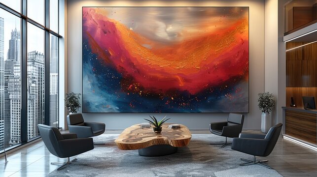 Modern large-size painting as a central piece for elegant, luxury business office.