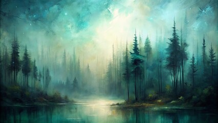 Obraz premium A Dreamlike Forest Landscape With Mist and Tall Trees Reflected in the Still Waters of a Lake