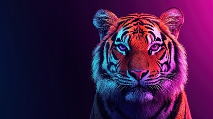 Vibrant, colorful portrait of a tiger against a gradient background.