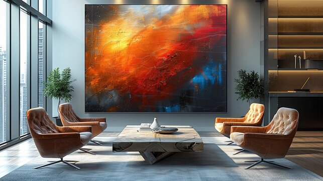 Modern large-size painting as a central piece for elegant, luxury business office.