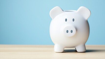 White piggy bank on a wooden table against a blue background, symbolizing savings and financial security.