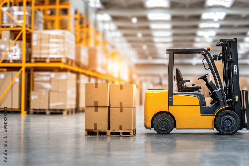 Wall mural yellow forklift moving boxes in a large warehouse with stacked cardboard pallets in the background