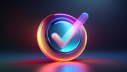 A vibrant, 3D graphic of a stylized checkmark encircled, glowing with colorful neon effects against a dark background.