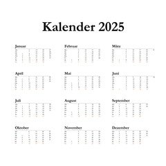2025 year calendar layout. Desk planner kalender template with 12 months. Week starts Monday. Organizer in Germany. Vector illustration