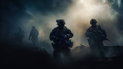 Soldiers advancing through a smoky battlefield, their forms shrouded in dramatic lighting, embodying courage, resilience, and determination.