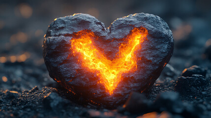 cracked stone heart with glowing inner fire symbolizes resilience, inner strength, and emotional turmoil. The break reflects vulnerability, while the flame within signifies passion and hope