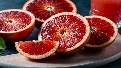 Sliced red grapefruit with juicy flesh closeup
