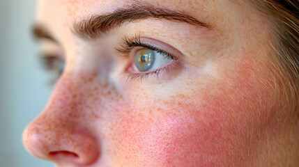 Fototapeta premium Close up face of young woman suffering from problem skin. Acne, rosacea, dry skin. Dermatology concept