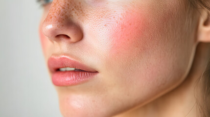 Obraz premium Close up face of young woman suffering from problem skin. Acne, rosacea, dry skin. Dermatology concept