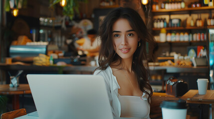 Beautiful Latina Coffee Shop Owner is Working on Laptop Computer and Checking Inventory in Cozy Cafe. Restaurant Manager Browsing Internet and Chatting with Friends. VFX Augmented