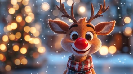 A cheerful reindeer stands in a snowy setting with glowing holiday lights