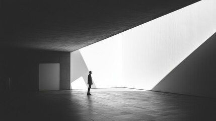 A lone figure stands in a stark, minimalist space bathed in sunlight streaming through a triangular opening in the ceiling.