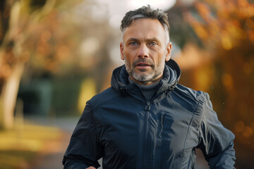 middle aged man going for a run, running concept, living a healthy lifestyle for longevity