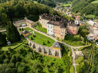 Aerial drone view of Castle Jansky Vrch in Javornik. The Jansky Vrch State Chateau on a rocky hill...