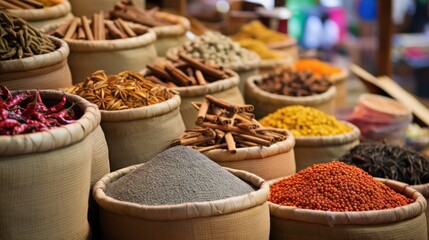 Fototapeta premium A colorful assortment of aromatic spices displayed in woven baskets, bringing to life the vibrant and rich essence of a bustling spice market.