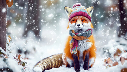 A charming fox wearing a colorful hat and scarf in a snowy forest, creating a whimsical winter scene.