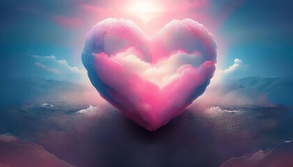 Fototapeta premium A vibrant heart-shaped cloud radiates love and positivity against a serene sky, symbolizing affection and emotional warmth.