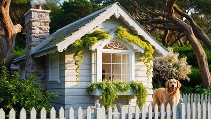 rustic-style  wooden cottage with a steeply pitched, slate-grey gable roof, lavishly adorned with vibrant, emerald-green moss that clings to the weathered, silvery-grey wooden shingles, and a stone c