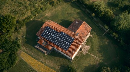 209. Solar panels installed on the roof of a rural farmhouse generating energy for the property
