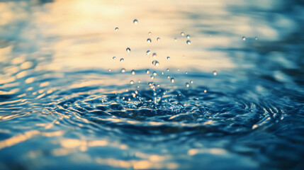 Water droplets with sunset reflection, tranquil ripple effect, blue and gold.