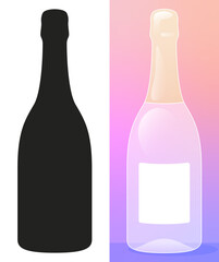 Silhouette de bouteille de vin pétillant sur fond transparent, vecteur de bouteille d'alcool avec une étiquette à personnaliser, illustration couleur rose et violet 