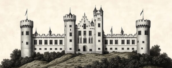 Obraz premium An old engraving-style illustration of a grand castle perched atop a hill, complete with turrets and banners